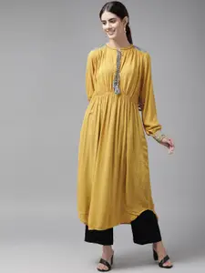 W Women Mustard Yellow Woven Design A-Line Kurta