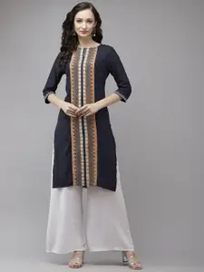 W Women Navy Blue & Beige Ethnic Motifs Print Keyhole Neck Kurta