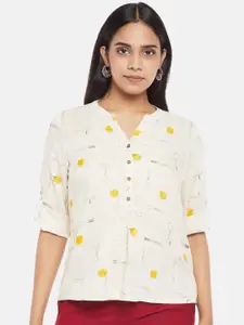 AKKRITI BY PANTALOONS Off White & Yellow Conversational Printed Roll-Up Sleeves Top