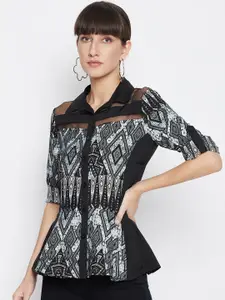 PURYS Women Black & White Tailored Fit Printed Casual Shirt