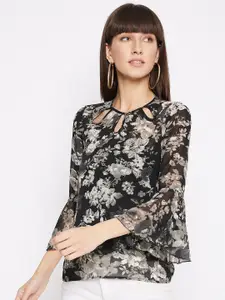 PURYS PURYS Black Floral Keyhole Neck Georgette Regular Top