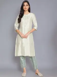 W Women Green & Cream-Coloured Yoke Design Kurta