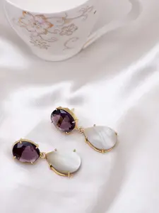 XAGO Gold-Plated Purple & White Teardrop Shaped Drop Earrings