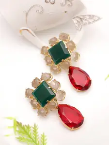 XAGO Gold-Plated Green & Red Contemporary Drop Earrings