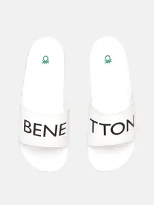 United Colors of Benetton Men White & Black Brand Logo Print Sliders