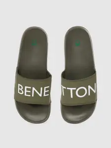 United Colors of Benetton Men Olive Green & White Brand Logo Print Sliders