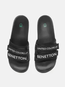 United Colors of Benetton Men Black & White Brand Logo Print Sliders