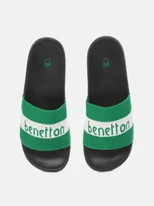 United Colors of Benetton Men Green & White Brand Logo Self-Design Sliders