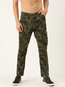 Flying Machine Men Olive Green Camouflage Printed Easy Wash Trousers