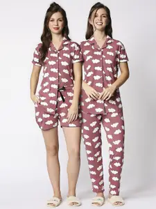 I like me Women 3 Piece Brown & White Printed Pure Cotton Night suit