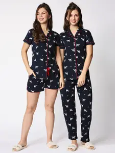 I like me Women Pack Of 3 Navy Blue & White Printed Pure Cotton Night Suit Set