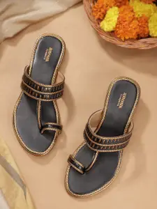 Anouk Women Black & Gold Ethnic Woven Design One Toe Flats