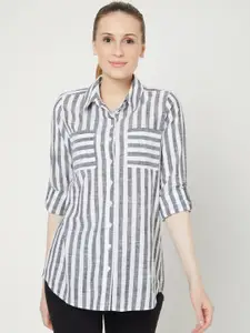 Vero Moda Women White & Grey Opaque Striped Cotton Casual Shirt