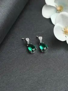 Clara Silver-Toned & Green Rhodium-Plated 92.5 Sterling Silver CZ Studded Drop Earrings