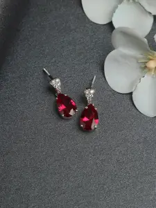 Clara Silver-Toned & Red Teardrop Shaped Drop Earrings