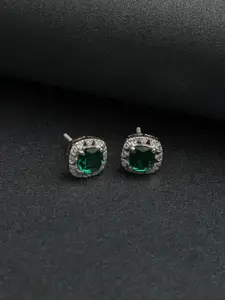 Clara Silver-Toned & Green Contemporary Studs Earrings