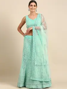 Shaily Sea Green Embroidered Mirror Work Semi-Stitched Lehenga & Unstitched Blouse With Dupatta