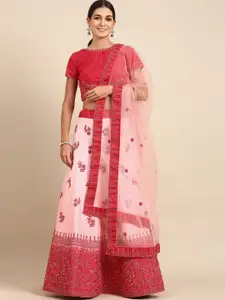 Shaily Pink & Red Embroidered Sequinned Semi-Stitched Lehenga & Unstitched Blouse With Dupatta