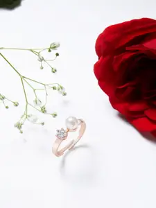 AMI Rose Women Gold-Plated White CZ-Studded & Pearl Beaded Adjustable Finger Ring