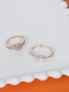 Zaveri Pearls Set Of 2 Rose Gold-Plated & White CZ-Studded Adjustable Finger Rings