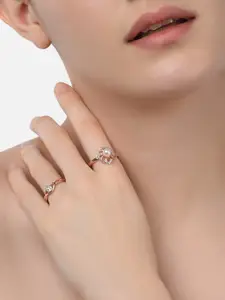 Zaveri Pearls Set Of 2 Rose Gold-Plated White CZ-Studded & Beaded Adjustable Finger Rings
