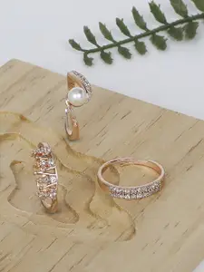 Zaveri Pearls AMI Set Of 3 Rose Gold-Plated & White CZ-Studded & Beaded Adjustable Finger Rings