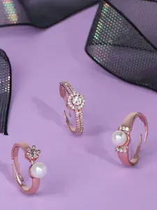 Zaveri Pearls Set Of 3 Rose Gold Plated CZ-Studded Finger Ring