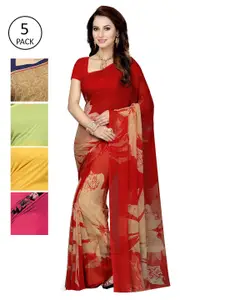 Ishin Pack of 5 Red & Magenta Floral Printed Sarees