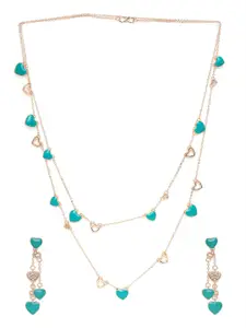 Mahi Women Rose Gold & Green Heart Crystal Layered Necklace set