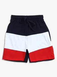 Maniac Boys Navy Blue & White Colourblocked Slim Fit Regular Shorts