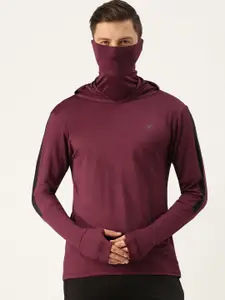 Flying Machine Men Burgundy Solid Casual Hooded T-shirt with Face Cover