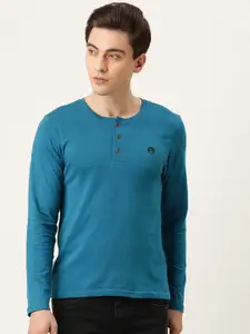 Flying Machine Men Teal Blue Solid Henley Neck Pure Cotton T-shirt