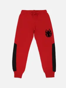 Kids Ville Boys Red & Black Spiderman Printed Relaxed-Fit Pure Cotton Joggers
