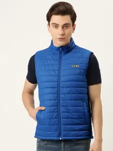 Flying Machine Men Blue Solid Sleeveless Stand Collared Padded Jacket