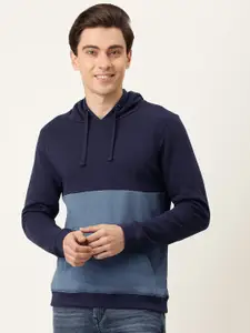 Flying Machine Men Navy Blue Colourblocked Hooded Pure Cotton Sweatshirt