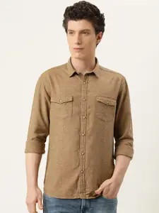 Flying Machine Men Brown Slim Fit Solid Pure Cotton Opaque Casual Shirt
