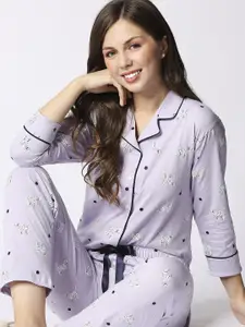 I like me Women Lavender Pure Cotton Printed Night Suit