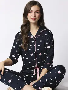 I like me Women Navy Blue & White Pure Cotton Printed Night Suit