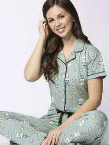 I like me Women Green Pure Cotton Printed Night Suit