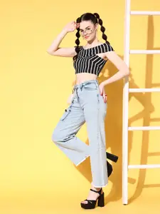 Veni Vidi Vici Black & White Striped Off-Shoulder Bardot Crop Top