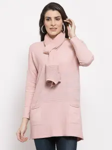Mafadeny Women Pink Longline Pullover with Muffler