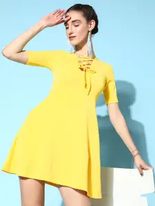 Veni Vidi Vici Women  Yellow Solid Fluid Tie-Up Dress