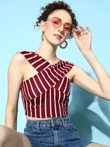 Veni Vidi Vici Maroon & White Striped Off-Shoulder Bardot Crop Top