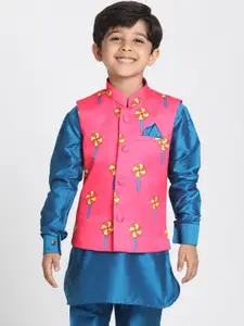 JBN Creation Boys Pink & Blue Printed Slim-Fit Woven Nehru Jacket