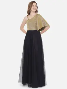 Just Wow Black & Gold-Toned Embellished One Shoulder Net Maxi Dress