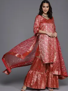 Chhabra 555 Red & Gold-Toned Embellished Unstitched Dress Material