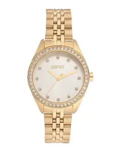 ESPRIT Women Silver-Toned Embellished Dial & Gold Toned Stainless Steel Bracelet Style Straps Analogue Watch