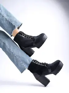 Shoetopia Black Suede High-Top Platform Heeled Boots