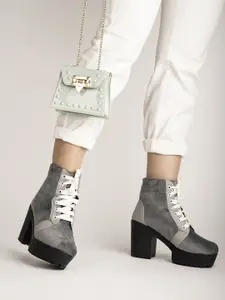 Shoetopia Grey Colourblocked Suede Block Heeled Boots with Laser Cuts