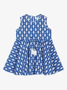 SAKA DESIGNS Girls Blue & White Ethnic Motifs Round Neck Cotton A-Line Dress